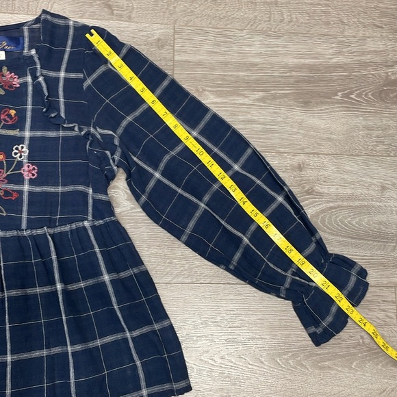 Blue Rain Navy Windowpane Embroidered Floral Long Sleeve Blouse S - Picture 9 of 16